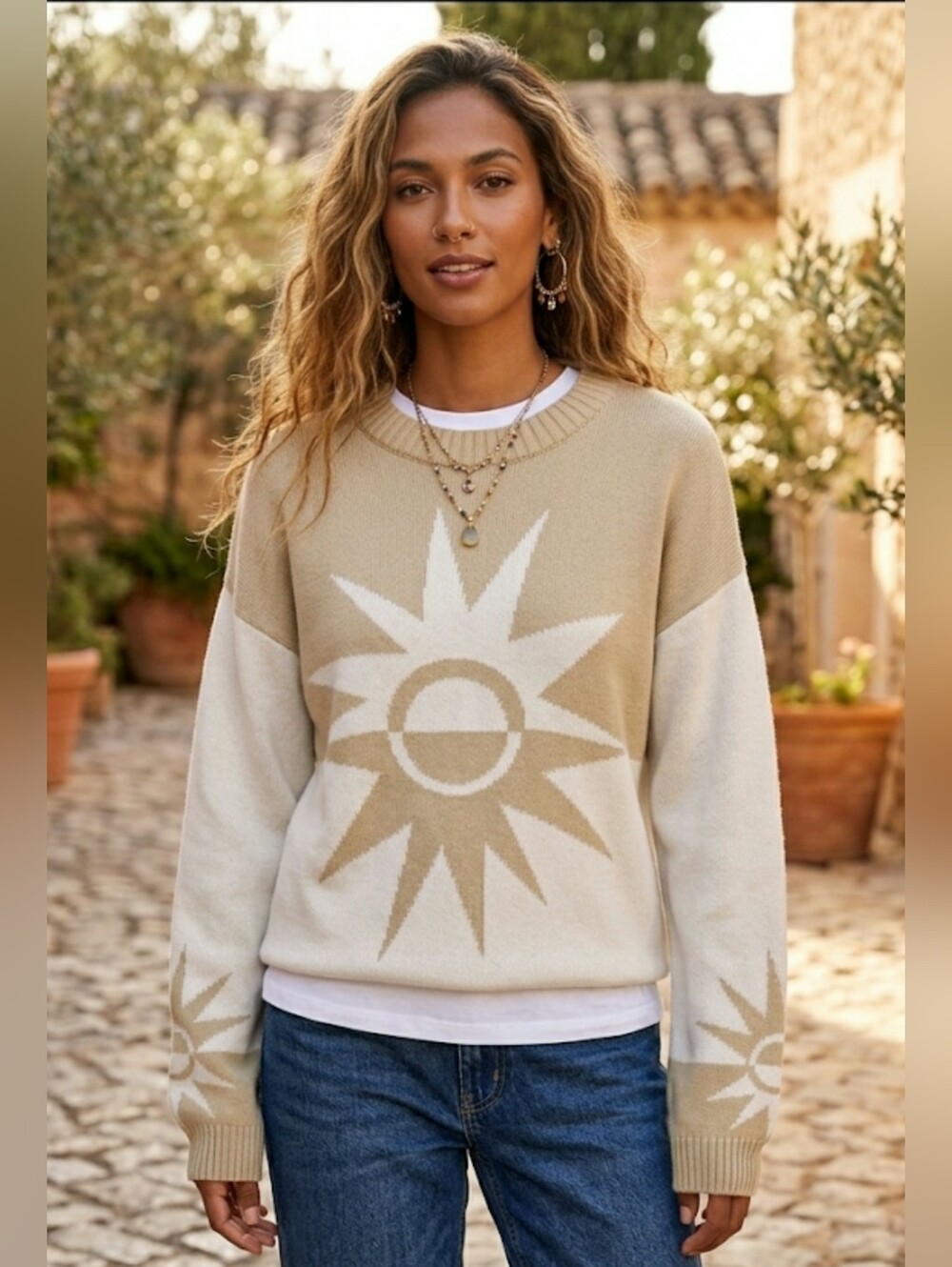 Retro Boho Crew Sweater Chunky Knit Cozy Sun Motif Festival Artisy Pullover New